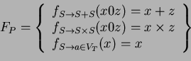 \begin{displaymath}
F_P = \left\{
\begin{array}{lll}
f_{S \rightarrow S+S}(x0z) ...
...\\
f_{S \rightarrow a \in V_T}(x) = x \\
\end{array}\right\}
\end{displaymath}