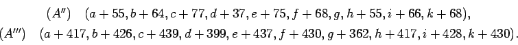 \begin{displaymath}
\begin{array}{c}
(A^{\prime\prime}) \quad (a+55, b+64, c+77,...
...d+399, e+437,
f+430, g+362, h+417, i+428, k+430).
\end{array}\end{displaymath}