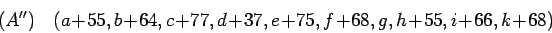 \begin{displaymath}
(A^{\prime\prime})\quad (a+55, b+64, c+77, d+37, e+75, f+68, g, h+55,
i+66, k+68)
\end{displaymath}