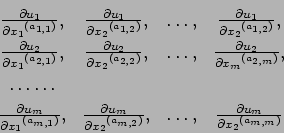 \begin{displaymath}
\begin{array}{cccc}
\frac{\partial u_{1}}{\partial {x_{1}}^{...
...ac{\partial u_{m}}{\partial {x_{2}}^{(a_{m,m})}}\\
\end{array}\end{displaymath}