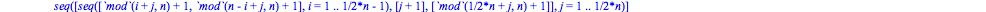 diedral := proc (n) local L, i; if `mod`(n, 2) = 0 then L := [seq(tabletocycles([seq(`mod`(i+j-1, n)+1, i = 1 .. n)]), j = 1 .. n), seq([seq([`mod`(i+j-1, n)+1, `mod`(n-i+j, n)+1], i = 1 .. 1/2*n)], j...