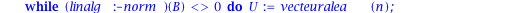 Wiedemann := proc (A, b) local n, B, d, P, U, Q; n := linalg:-linalg(A); d := 0; B := b; Q := 1; while linalg:-linalg(B) <> 0 do U := vecteuralea(n); P := generateur([seq(evalm(`&*`(`&*`(U, A^i), B))[...