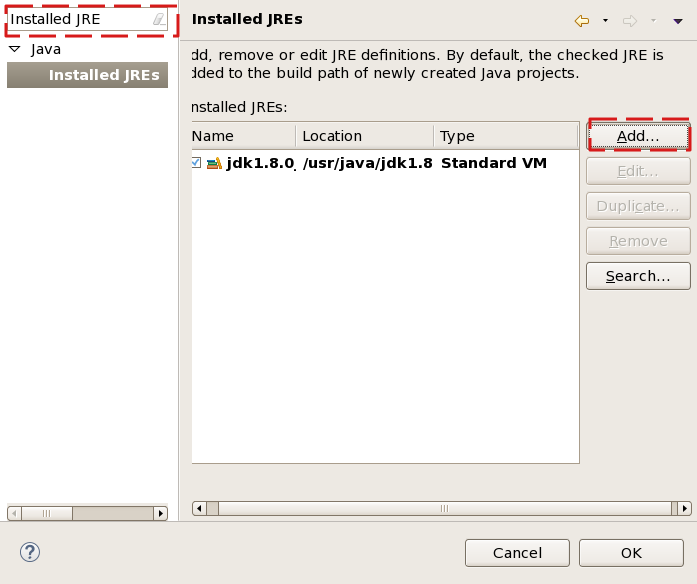 Installed JREs preferences panel