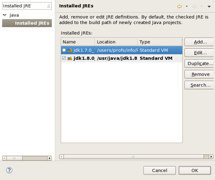 Installed JREs preferences panel (final)