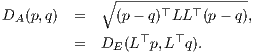             ∘ -----------------
DA (p,q)  =    (p- q)⊤LL ⊤(p- q),

         =  DE (L⊤p,L⊤q ).
