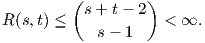          (        )
R (s,t) ≤  s + t- 2  < ∞.
            s- 1
