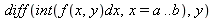 diff(int(`*`(f(x, y), `*`(dx)), x = a .. b), y)