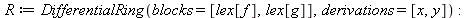 R := DifferentialRing(blocks = [lex[f], lex[g]], derivations = [x, y]); -1