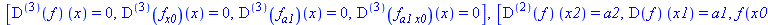 [((`@@`(D, 3))(f))(x) = 0, ((`@@`(D, 3))(f[x0]))(x) = 0, ((`@@`(D, 3))(f[a1]))(x) = 0, ((`@@`(D, 3))(f[`*`(a1, `*`(x0))]))(x) = 0], [((`@@`(D, 2))(f))(x2) = a2, (D(f))(x1) = a1, f(x0) = a0, ((`@@`(D, ...