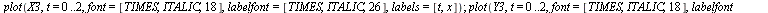 plot(X3, t = 0 .. 2, font = [TIMES, ITALIC, 18], labelfont = [TIMES, ITALIC, 26], labels = [t, x]); 1; plot(Y3, t = 0 .. 2, font = [TIMES, ITALIC, 18], labelfont = [TIMES, ITALIC, 26], labels = [t, y]...