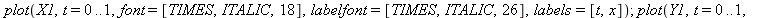 plot(X1, t = 0 .. 1, font = [TIMES, ITALIC, 18], labelfont = [TIMES, ITALIC, 26], labels = [t, x]); 1; plot(Y1, t = 0 .. 1, font = [TIMES, ITALIC, 18], labelfont = [TIMES, ITALIC, 26], labels = [t, y]...