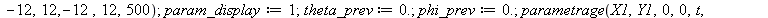 theta_prev := 0.; -1; phi_prev := 0.; -1; param_display := 0; -1; parametrage(X1, Y1, 0, 0, t, [seq(`+`(`*`(0.5e-1, `*`(i))), i = 0 .. 20)], 0., -12, 12, -12, 12, 500); 1; param_display := 1; 1; theta...