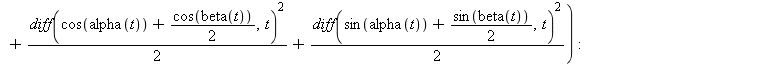 J := `+`(`*`(2, `*`(int(`*`(`^`(t, 2)), t = 0 .. `/`(1, 2))))); -1; A := simplify(`+`(`*`(`+`(`^`(`+`(`*`(`/`(1, 2), `*`(diff(alpha(t), t)))), 2), `*`(J, `*`(`^`(diff(alpha(t), t), 2)))), `/`(1, 2)), ...